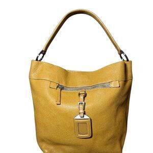 PRADA Caramel Brown Vitello Daino Leather Bucket Bag Luggage Tag Auth